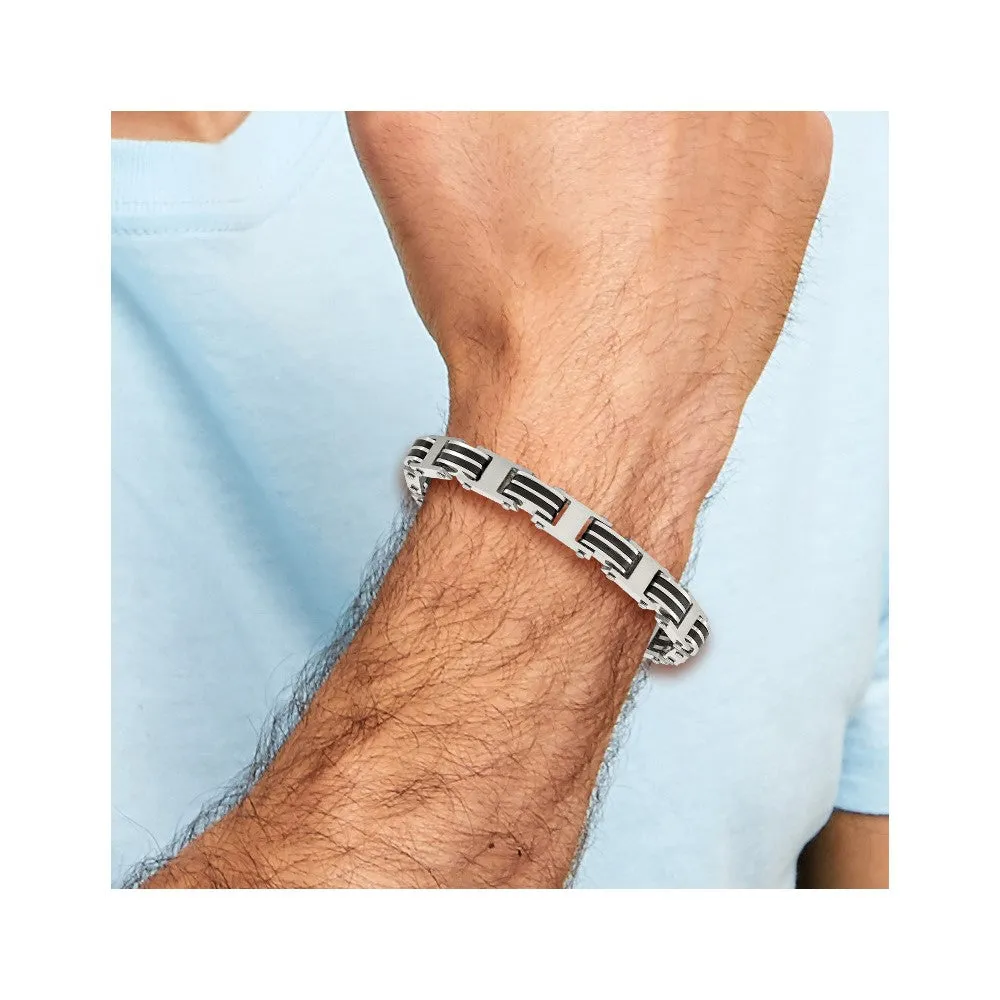 Chisel Stainless Steel Brushed and Polished with Black Rubber 7.75 inch Link Bracelet with .5 inch Extension