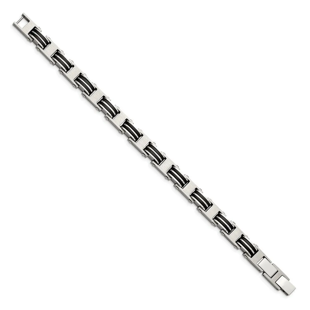 Chisel Stainless Steel Brushed and Polished with Black Rubber 7.75 inch Link Bracelet with .5 inch Extension