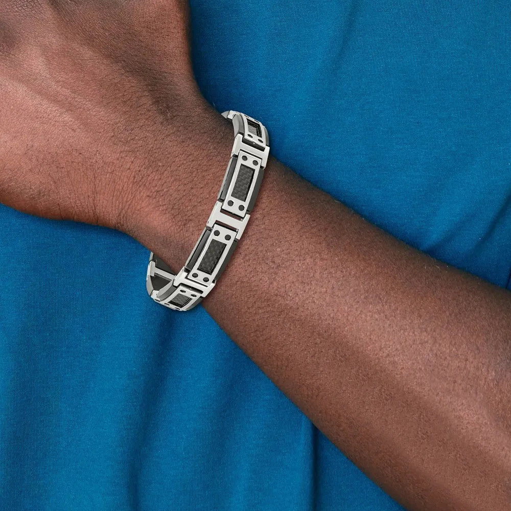 Chisel Stainless Steel Polished Black IP-plated with Black Carbon Fiber Inlay 8.5 inch Link Bracelet