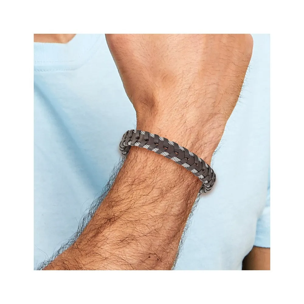 Chisel Stainless Steel Polished Cable and Brown Leather 8.25 inch Bracelet