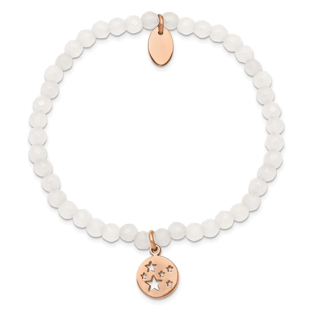 Chisel Stainless Steel Polished Rose IP-plated Stars 4mm White Jade Beaded Stretch Bracelet