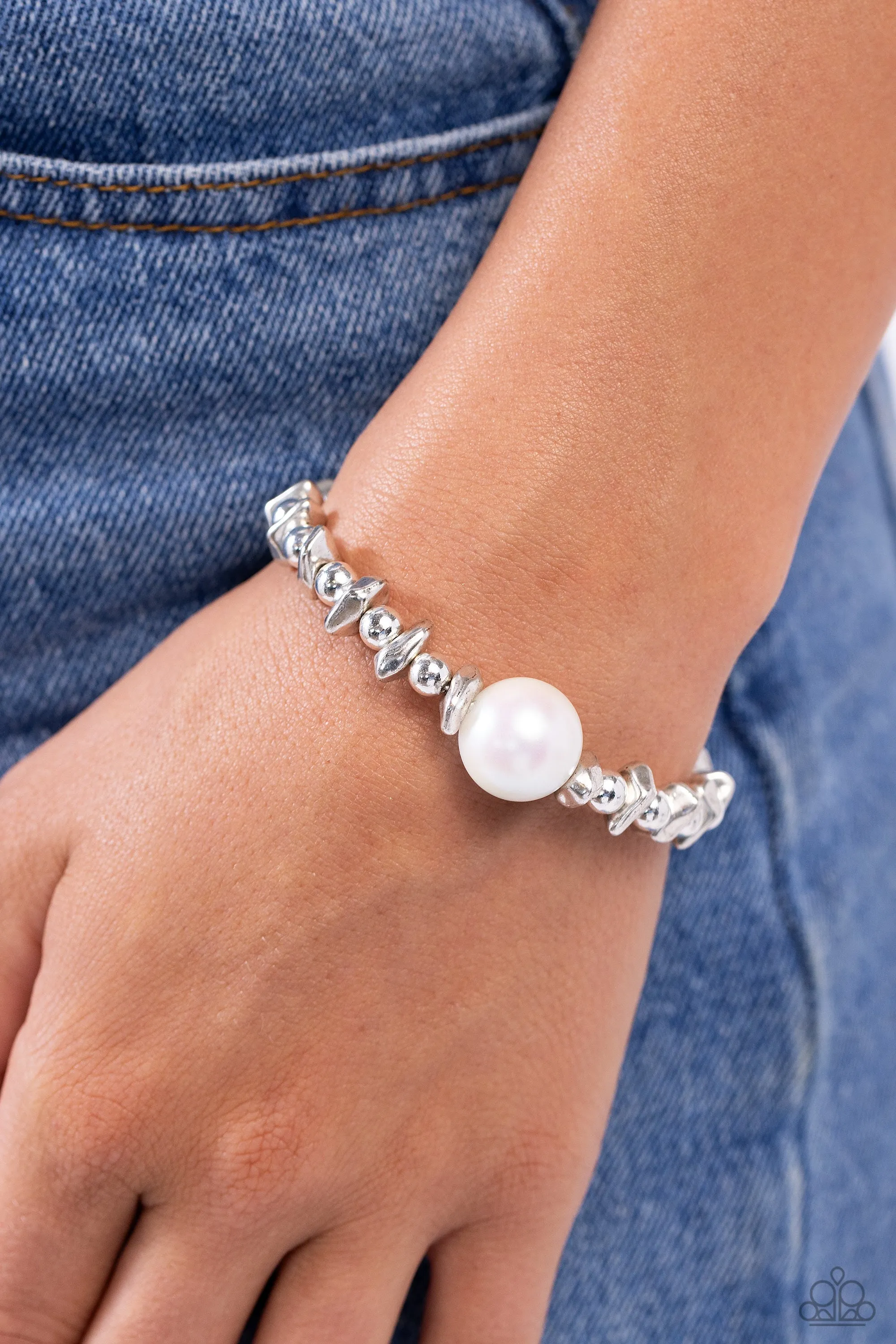 Chiseled Class - White - Oversized Pearl Silver Bead Paparazzi Stretchy Bracelet