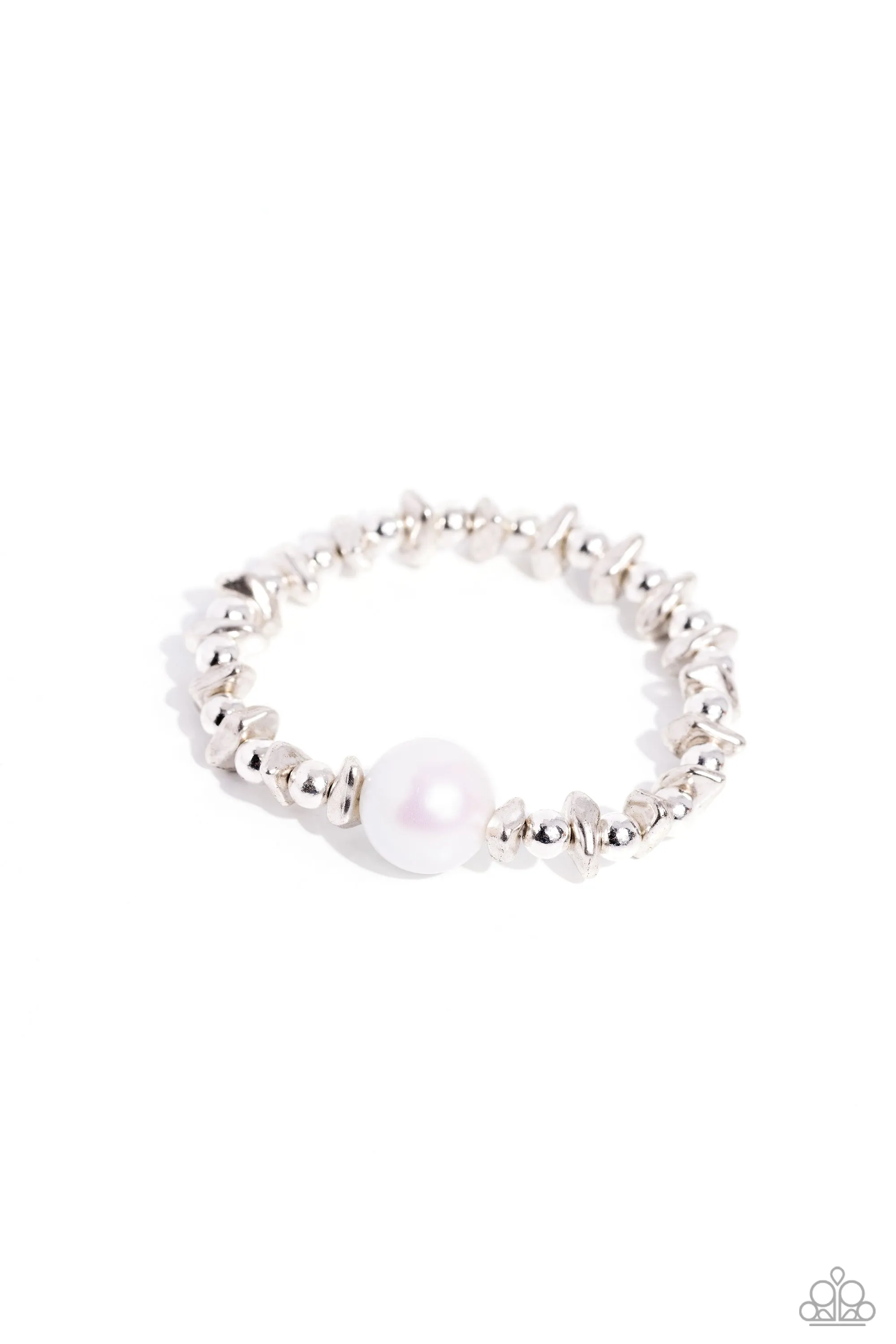 Chiseled Class - White - Oversized Pearl Silver Bead Paparazzi Stretchy Bracelet