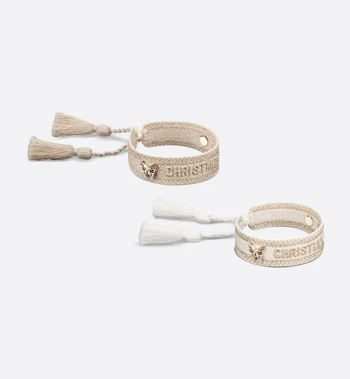 Christian Dior Bracelet Set • Gold-Tone and White Embroidery with Matte Gold-Finish Metal