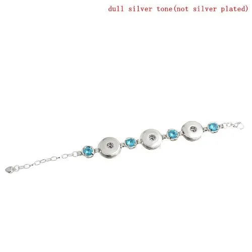 Chunk Lobster Clasp Bracelet Silver Tone Lake Blue Rhinestone & Extender Chain Fit Snaps Chunk Buttons