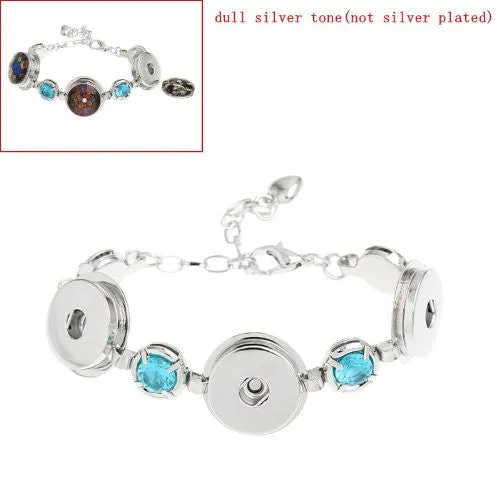 Chunk Lobster Clasp Bracelet Silver Tone Lake Blue Rhinestone & Extender Chain Fit Snaps Chunk Buttons