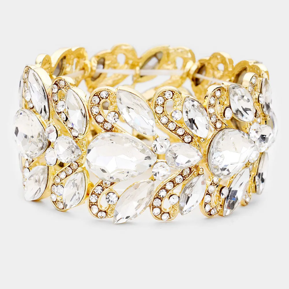 Clear Chunky Crystal Teardrop Pageant Stretch Bracelet on Gold | Prom Bracelet |  455362