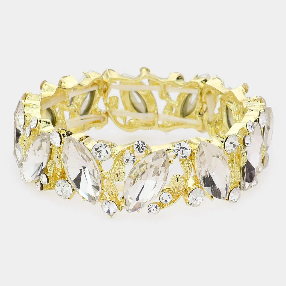 Clear Crystal Marquise Stone Stretch Pageant Bracelet on Gold | Prom Bracelet | 561145
