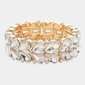 Clear Crystal Teardrop Cluster Pageant Stretch Bracelet on gold |Clear on Gold Crystal Stretch Bracelet |  644538