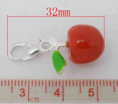 Clip on Red Apple Charm for European Jewelry w/ Lobster Clasp