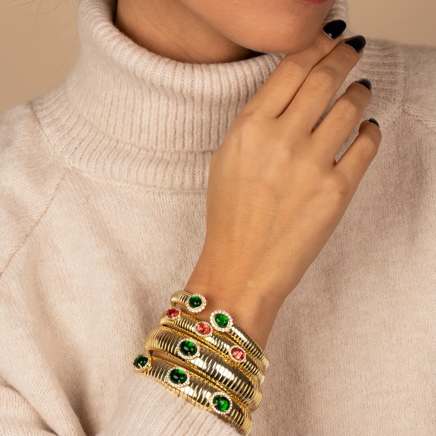 Colored Pave Triple Stone Snake Bangle Bracelet