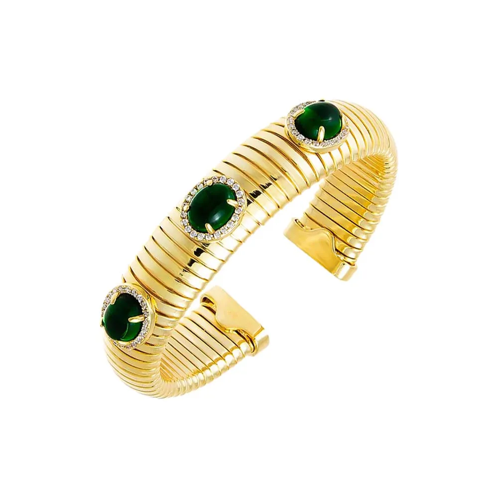 Colored Pave Triple Stone Wide Snake Bangle Bracelet