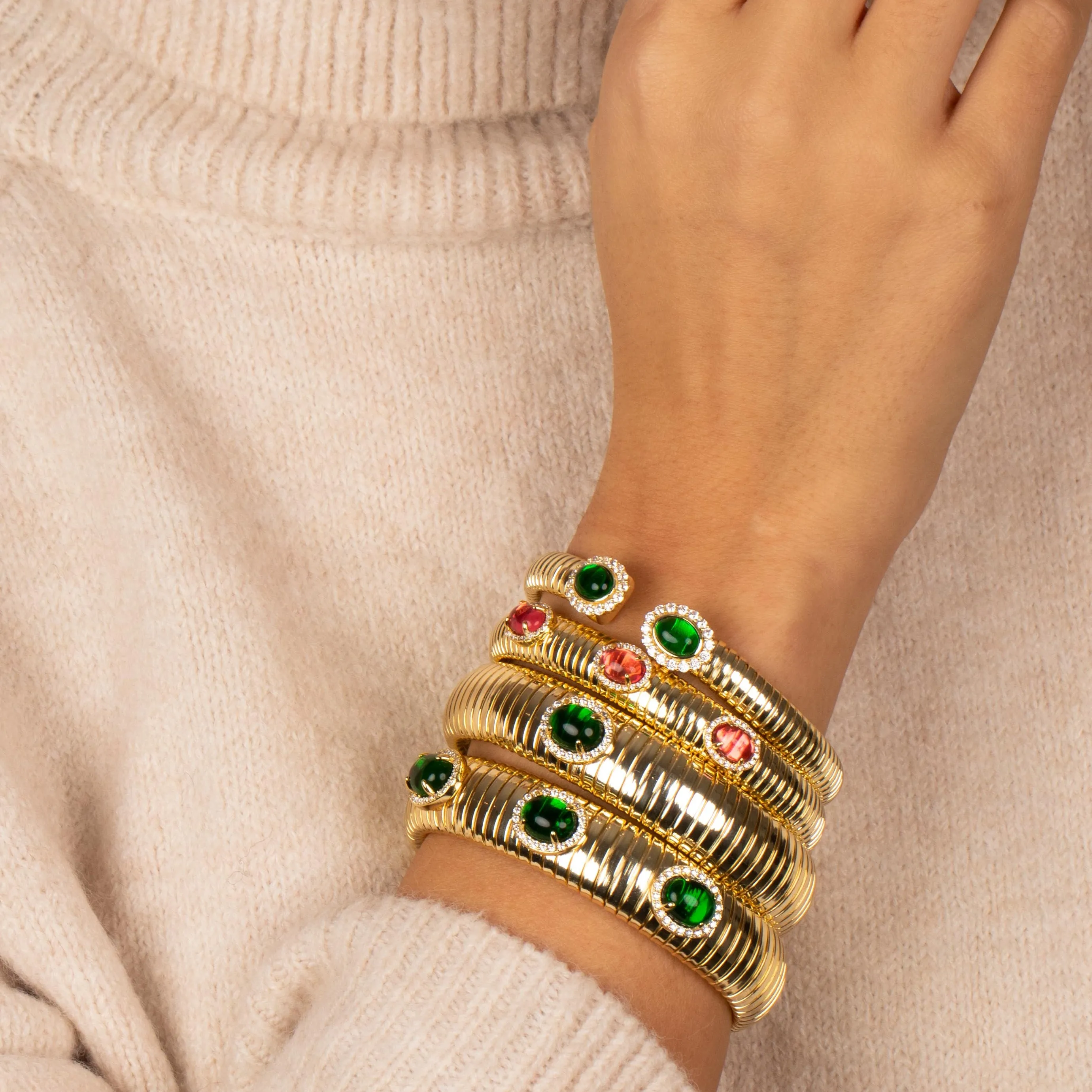 Colored Pave Triple Stone Wide Snake Bangle Bracelet