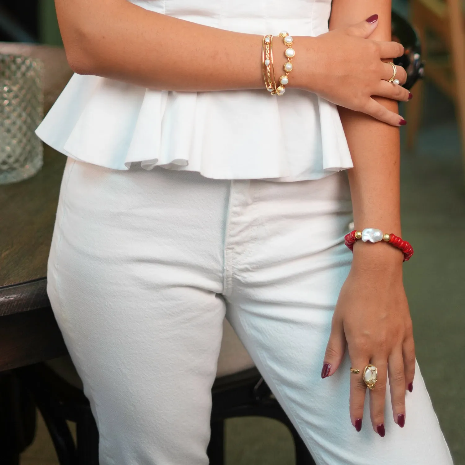 Coral & Pearl Beaded Red Bracelet