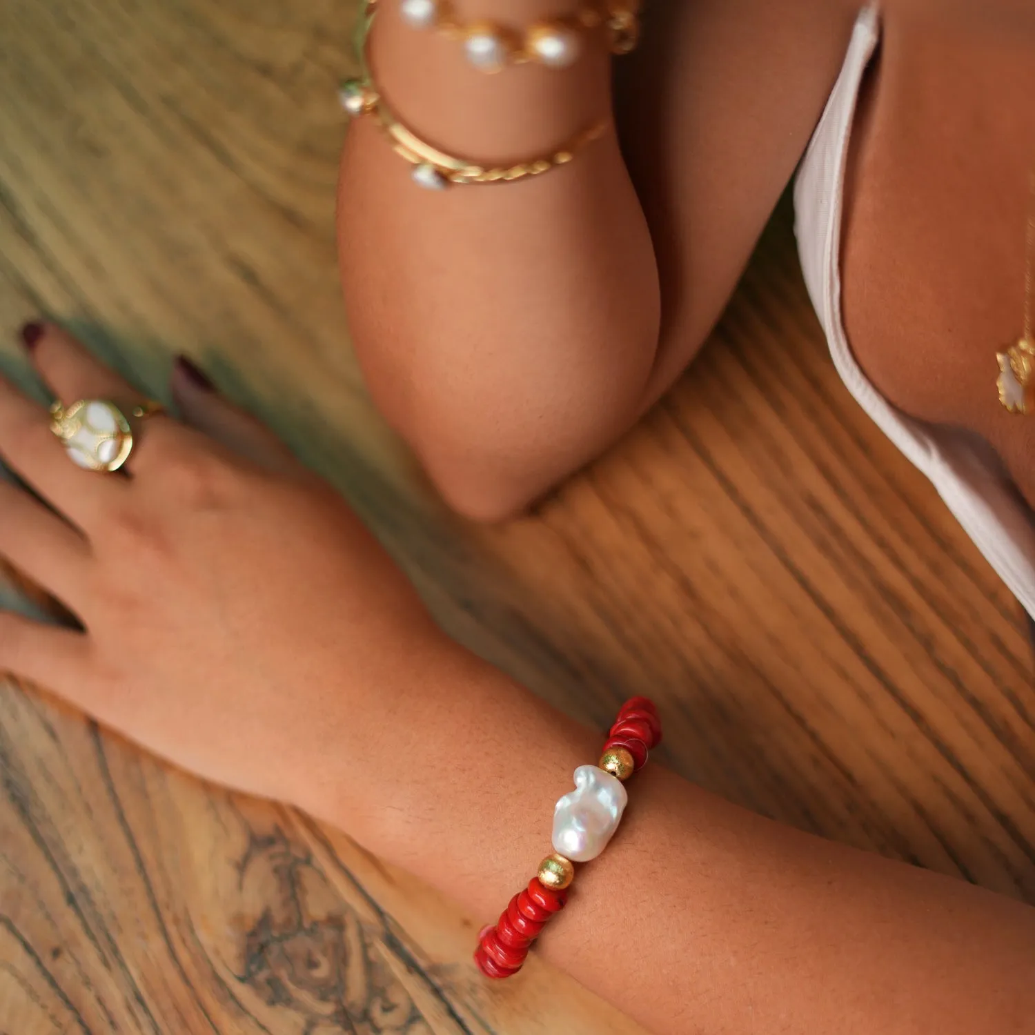 Coral & Pearl Beaded Red Bracelet
