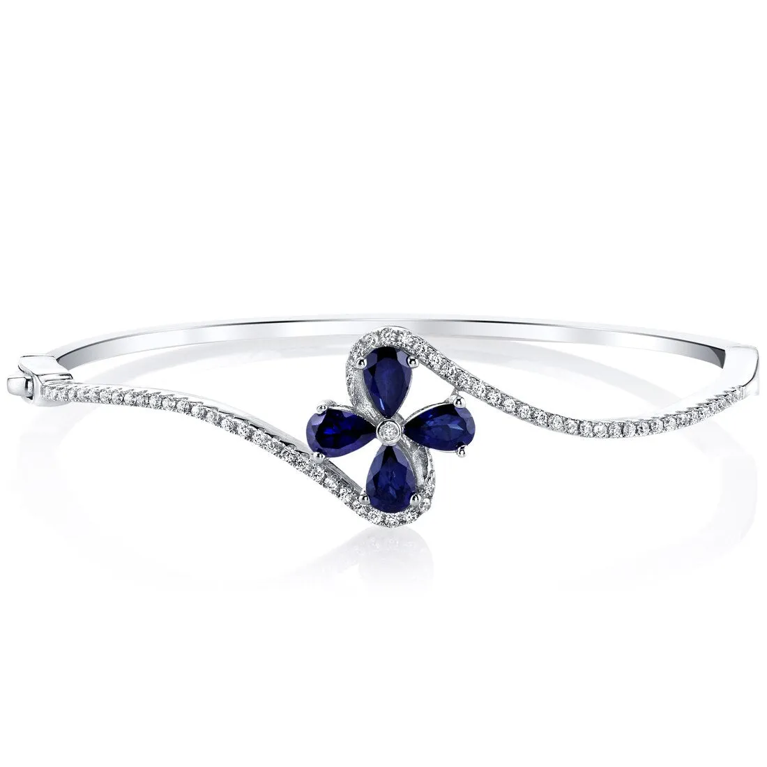 Created Blue Sapphire Daisy Bangle Bracelet Sterling Silver Pear Shape 2 Carats