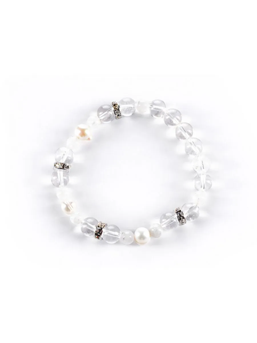 Crystal Beaded Bracelet in Rainbow Moonstone, Pearl and Clear Quartz for Intuition