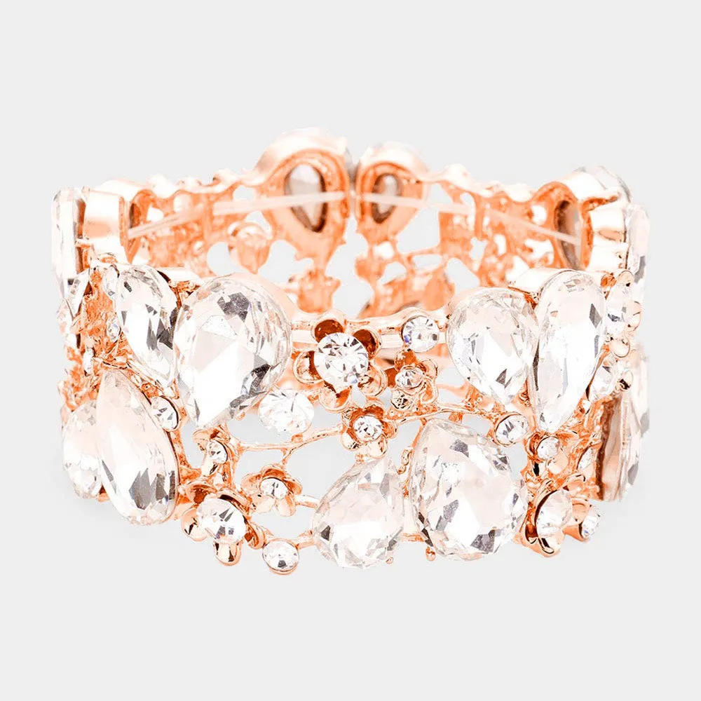 Crystal Teardrop Floral Stretch Bracelet on Rose Gold |  563265