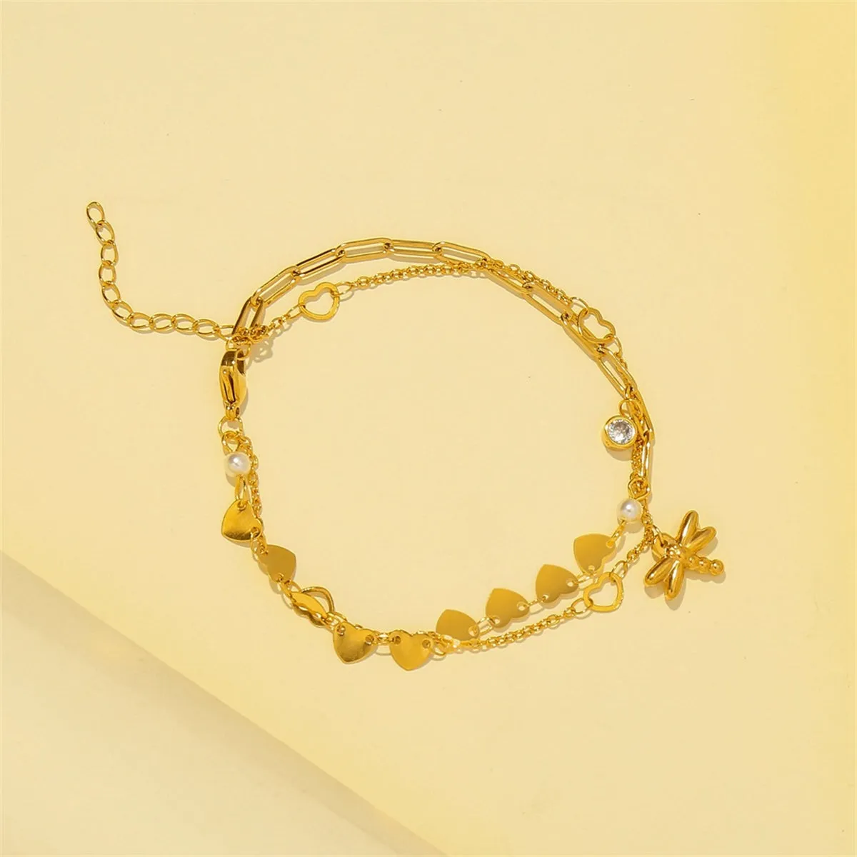 Cubic Zirconia & Pearl 18K Gold-Plated Dragonfly Charm Layered Bracelet