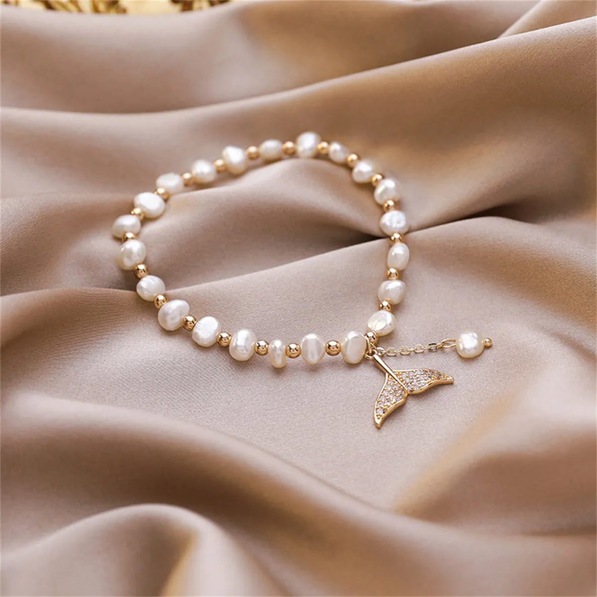 Cubic Zirconia & Pearl 18K Gold-Plated Mermaid Tail Stretch Bracelet