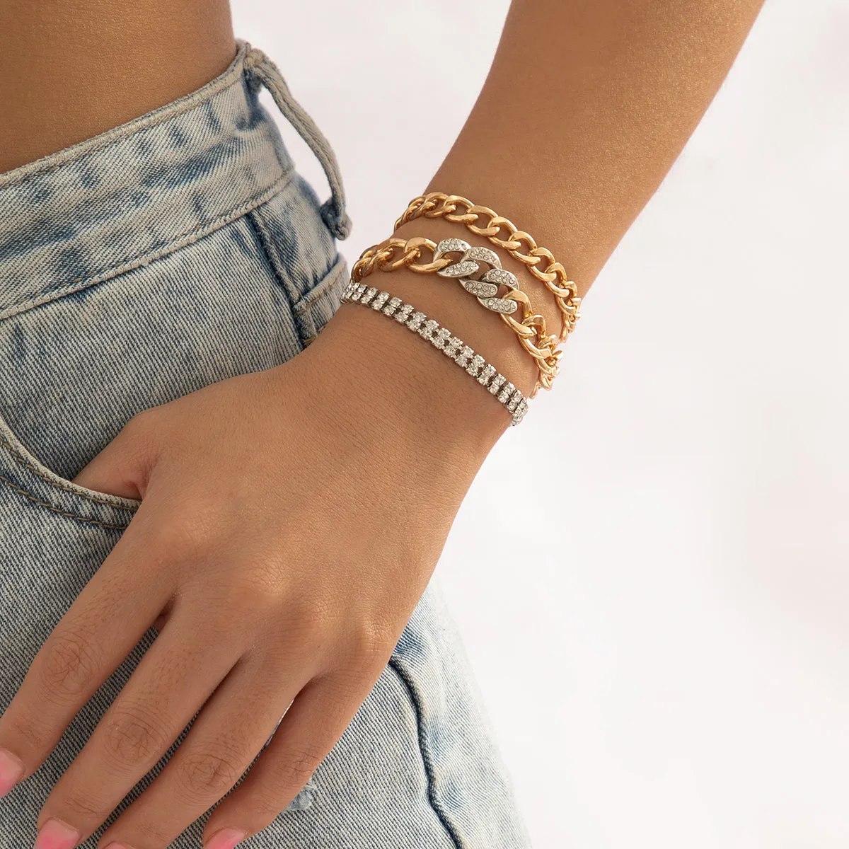 Cubic Zirconia & Two-Tone Curb Chain Bracelet Set