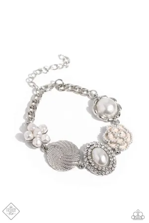 Cultivated Charm - White - Pearl and Rhinestone Flower Paparazzi Lobster Claw Bracelet - January 2024 Fiercely 5th Avenue