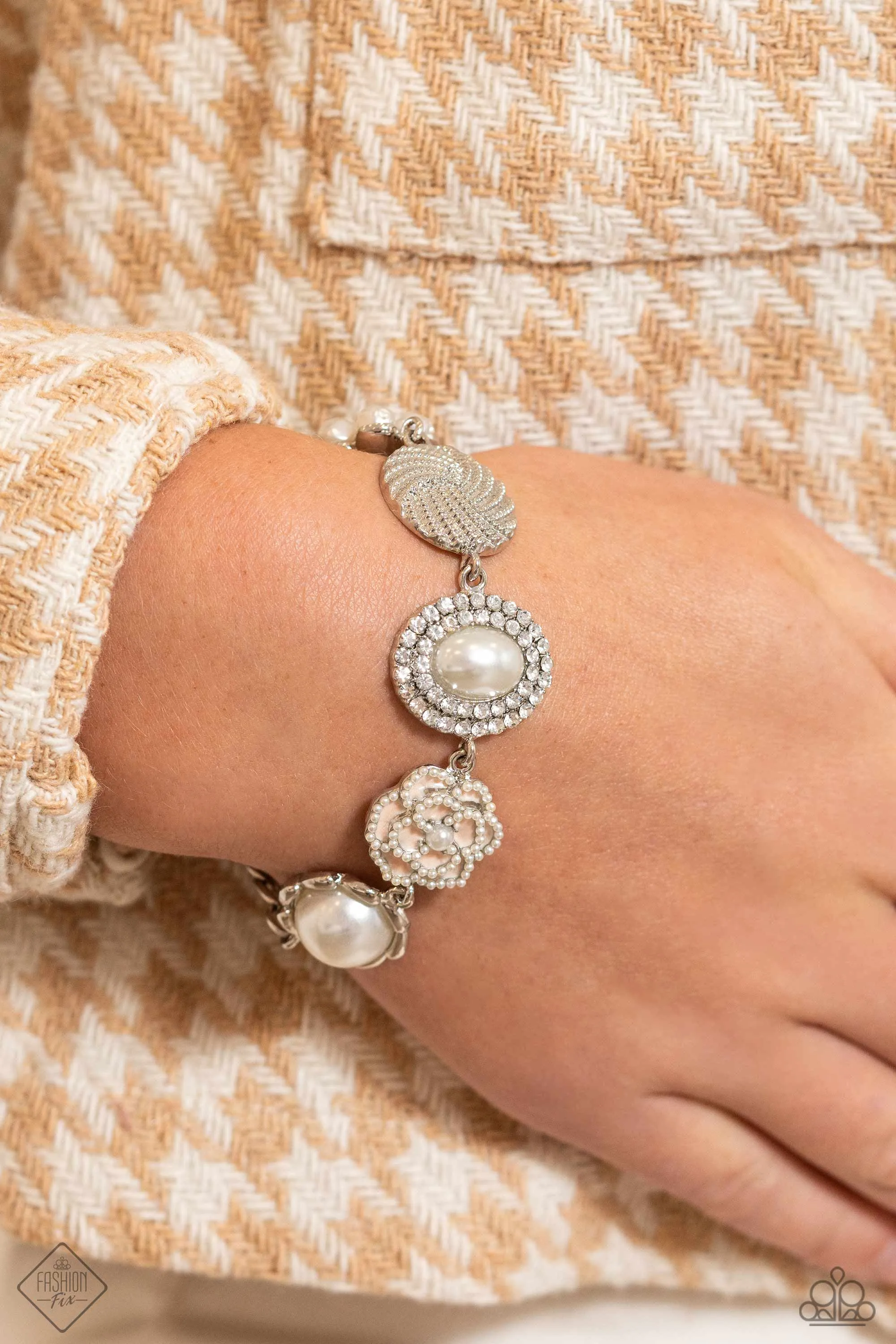 Cultivated Charm - White - Pearl and Rhinestone Flower Paparazzi Lobster Claw Bracelet - January 2024 Fiercely 5th Avenue