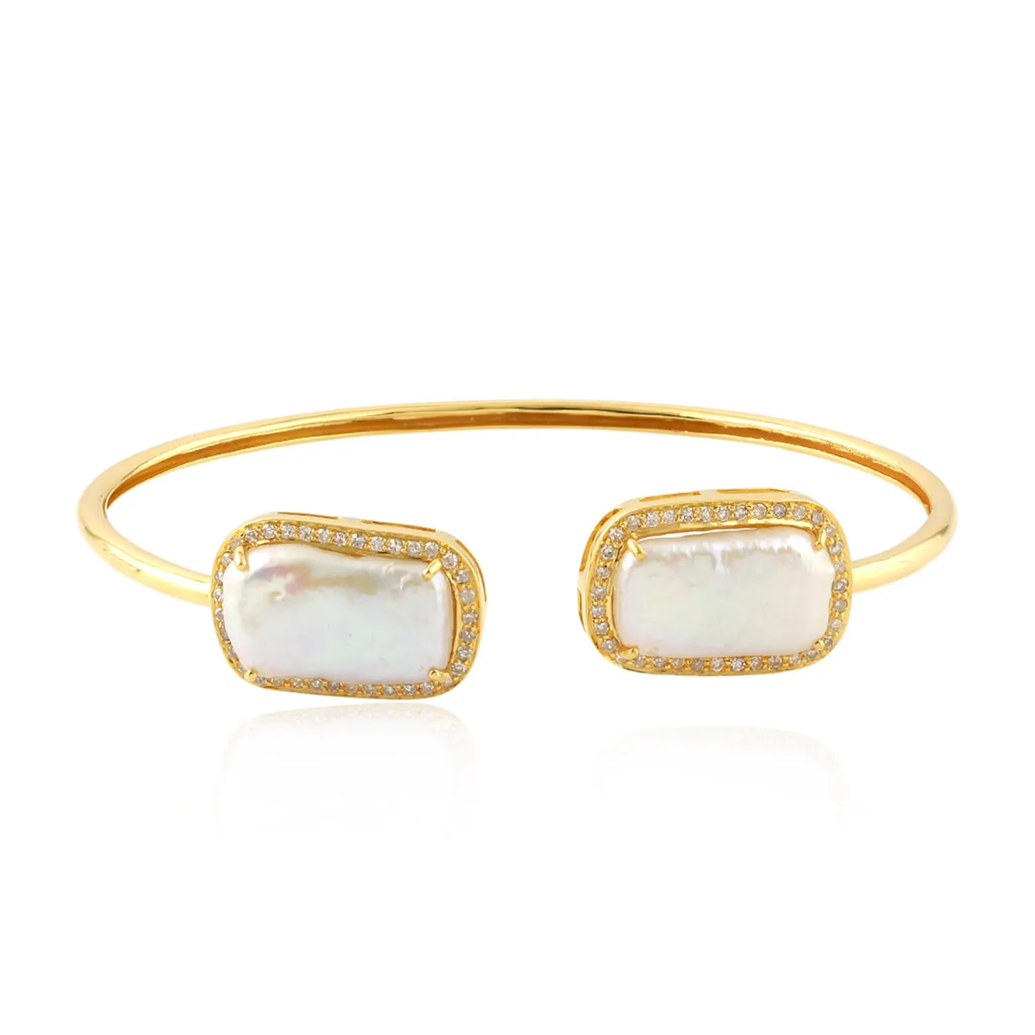 Cushion Cut Pearl Chiness Prong Natural Diamond Designer Cuff Bracelet 18K Gold For Women's