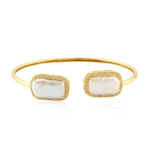 Cushion Cut Pearl Chiness Prong Natural Diamond Designer Cuff Bracelet 18K Gold For Women's
