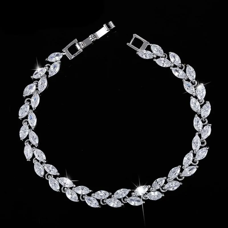 CWWZircons   Cubic  Silver Color Leaf Charm CZ Crystal  Bracelets Bangles for Women