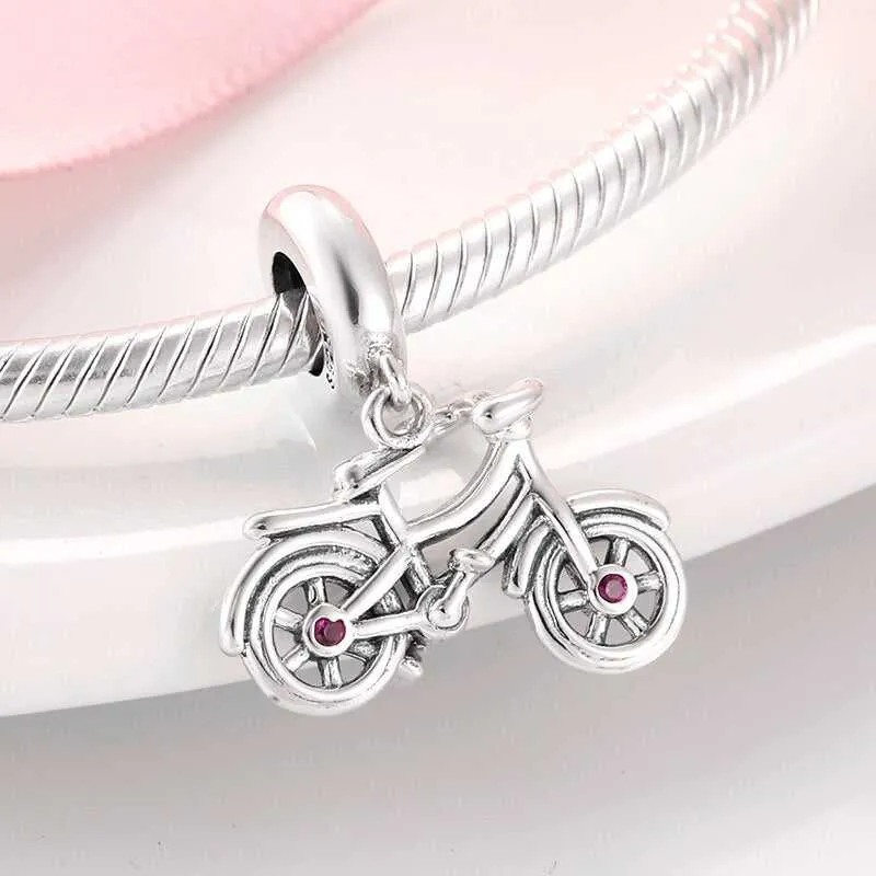 Cycolinks 925 Sterling Silver Bicycle Pink CZ Gems Charm