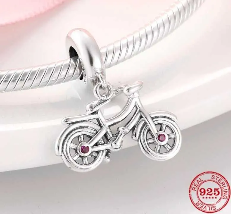 Cycolinks 925 Sterling Silver Bicycle Pink CZ Gems Charm