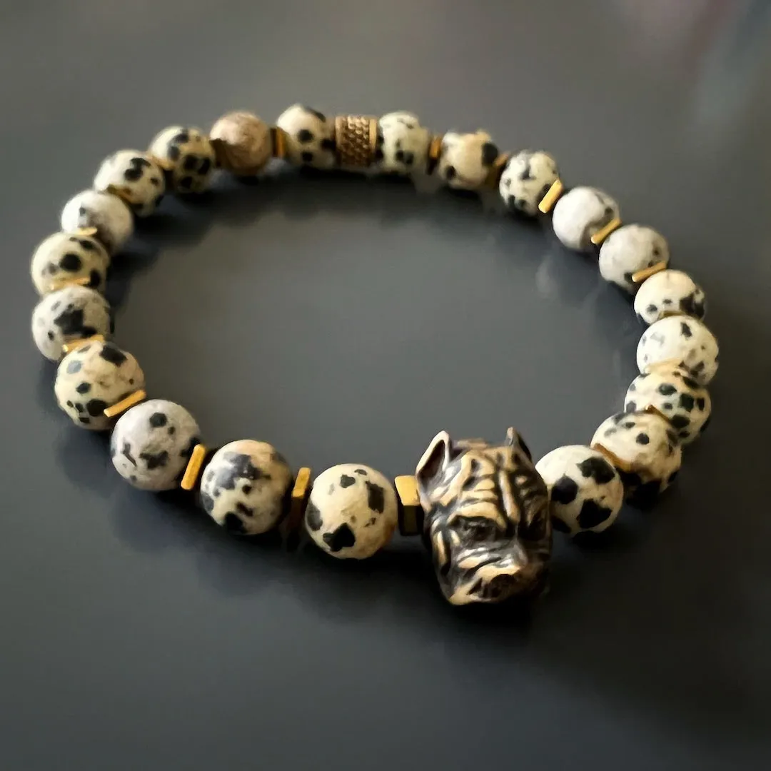Dalmatian Jasper Beaded Dog Charm Bracelet