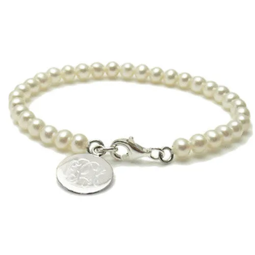 Darling Sterling Silver and Freshwater Pearl Child's Bracelet with Engravable Disk Pendant. Available in 5" and 6" Lengths.