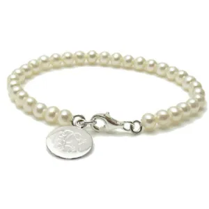 Darling Sterling Silver and Freshwater Pearl Child's Bracelet with Engravable Disk Pendant. Available in 5" and 6" Lengths.