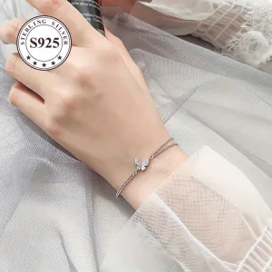 Double Layer Silver Bracelet with Butterfly Charm