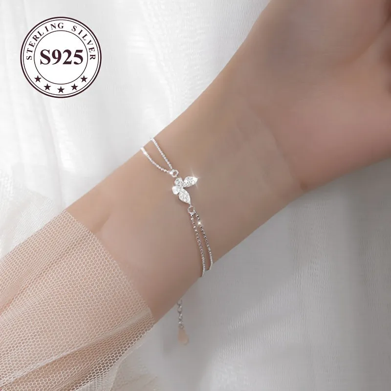 Double Layer Silver Bracelet with Butterfly Charm