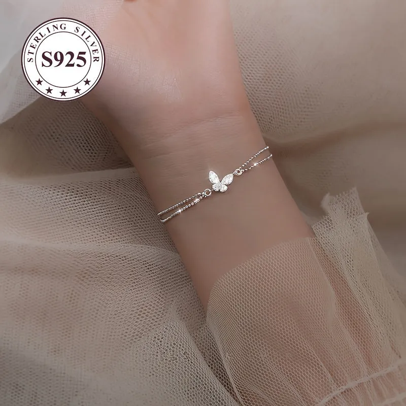 Double Layer Silver Bracelet with Butterfly Charm