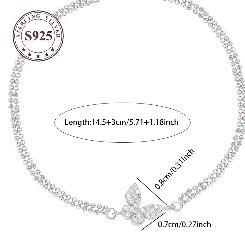 Double Layer Silver Bracelet with Butterfly Charm