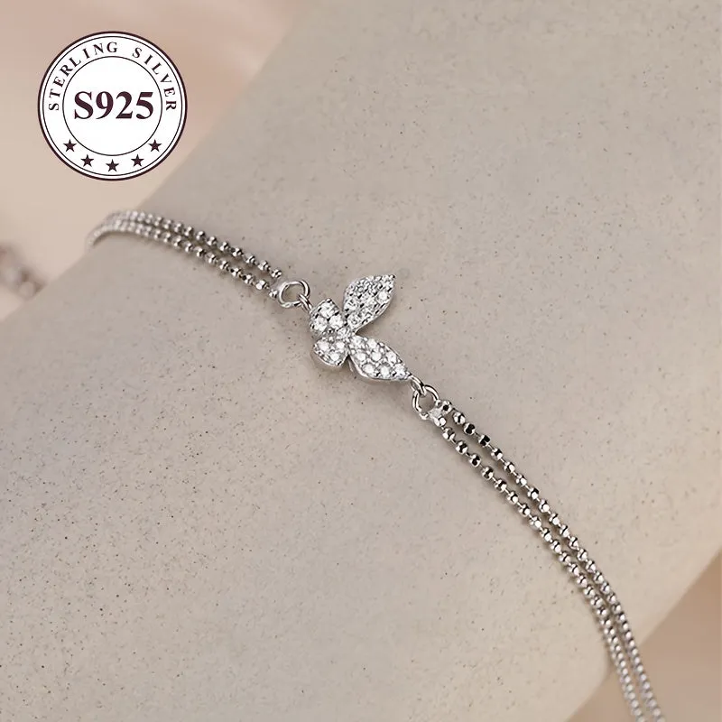 Double Layer Silver Bracelet with Butterfly Charm