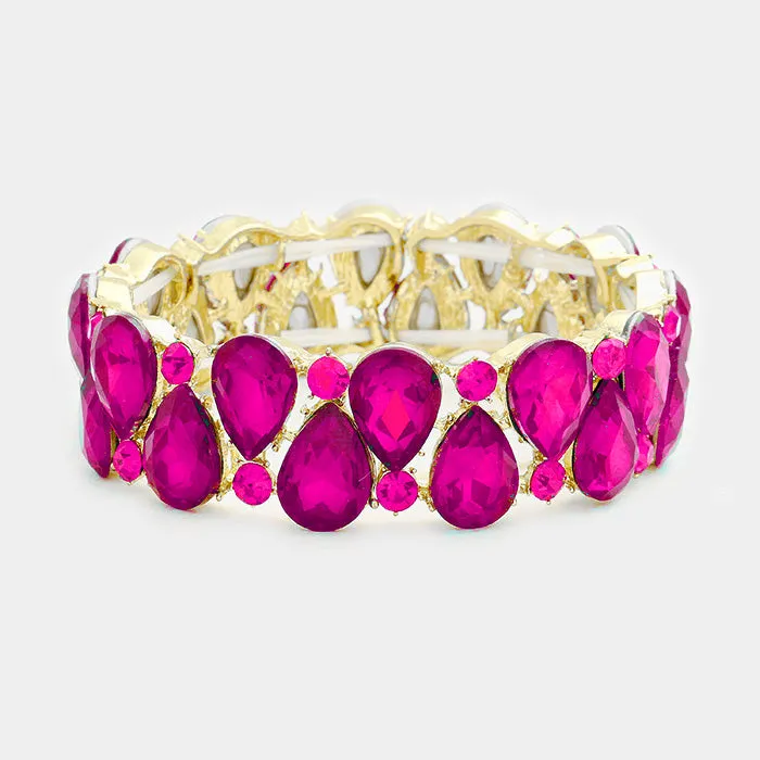Double Row Fuchsia Crystal Teardrop Stretch Bracelet on Gold | 361012