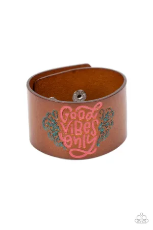 Easy Energy - Pink - Brown Leather "Good Vibes Only" Inspirational Paparazzi Wrap Bracelet