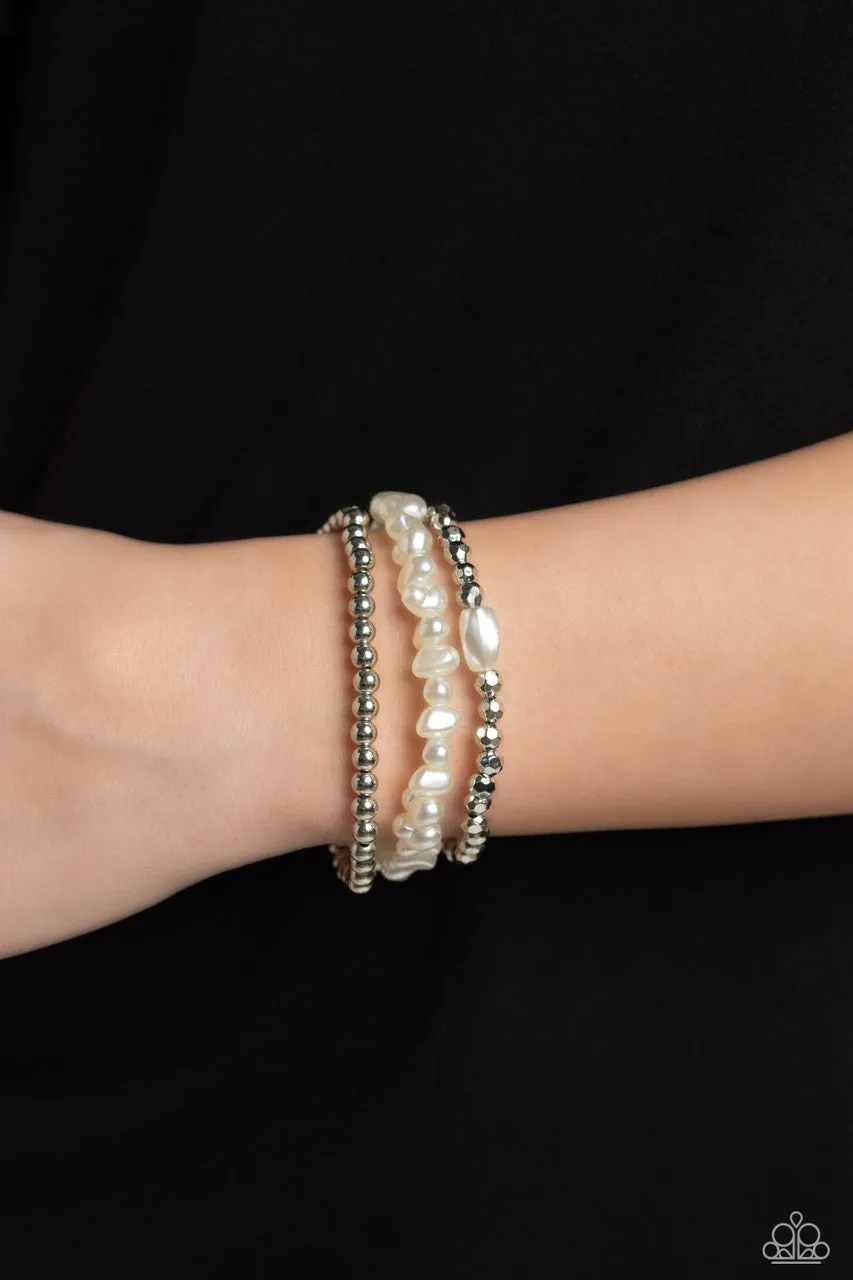 Effulgent Exchange - White - Baroque Pearl Faceted Silver Bead Paparazzi Stretchy Bracelet