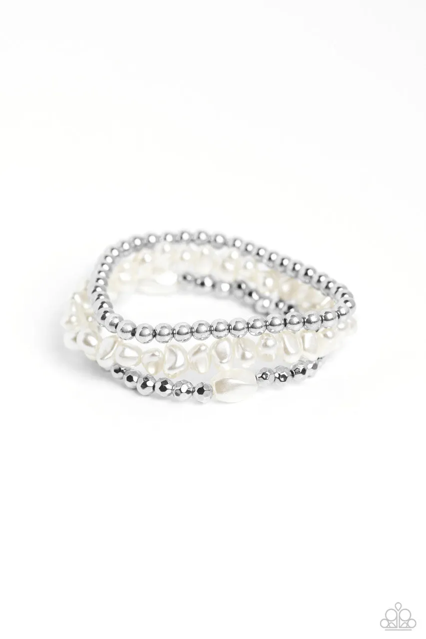 Effulgent Exchange - White - Baroque Pearl Faceted Silver Bead Paparazzi Stretchy Bracelet