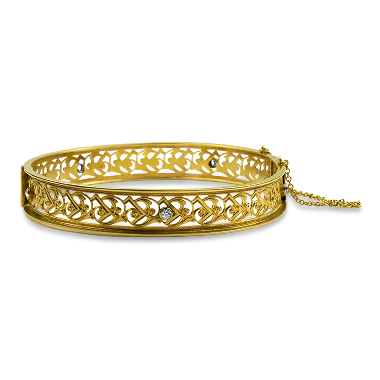 Estate 14K Yellow Gold Open Scrollwork Diamond Bangle Bracelet