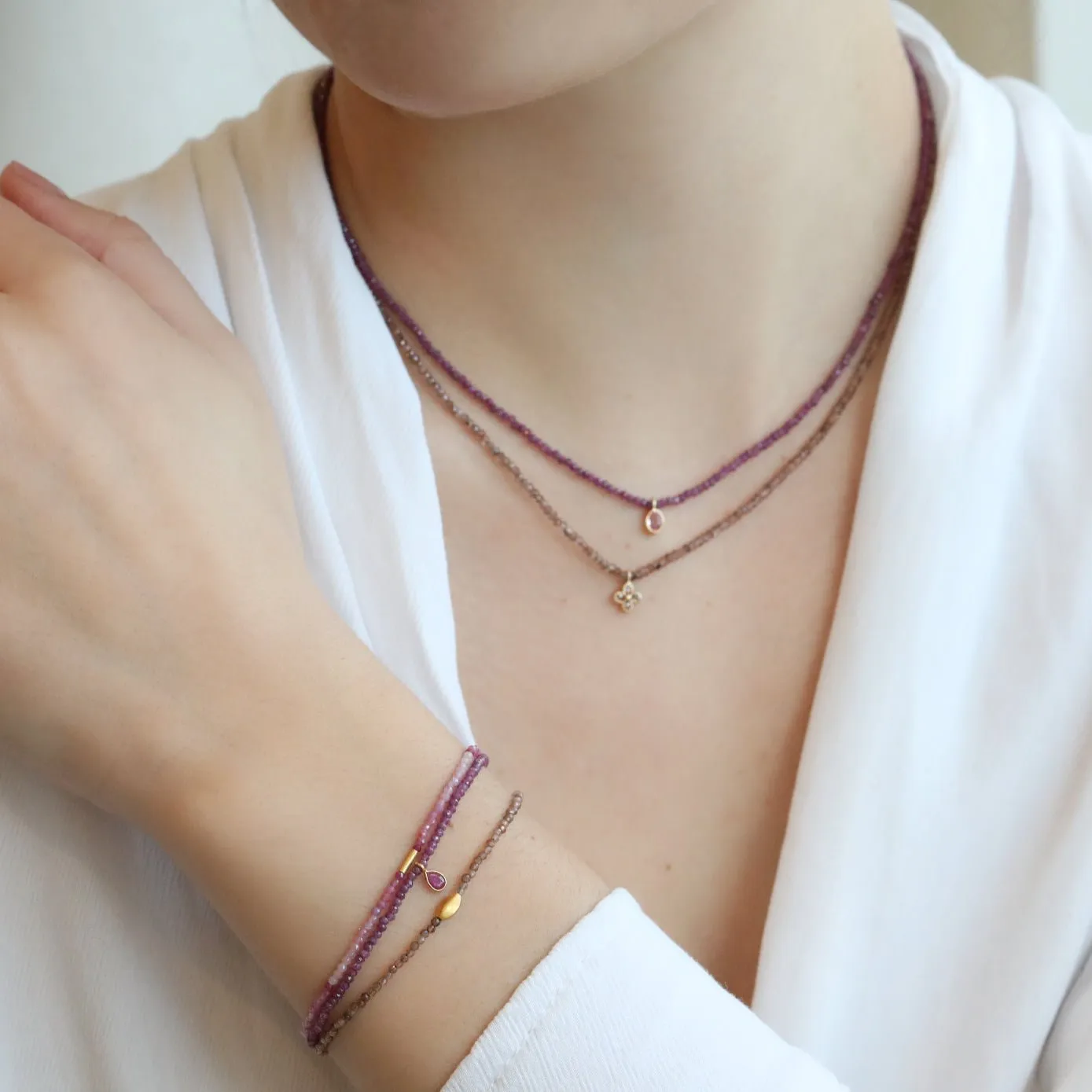 Faceted Mixed Ruby Beaded Bracelet with 18K Marquise Bead