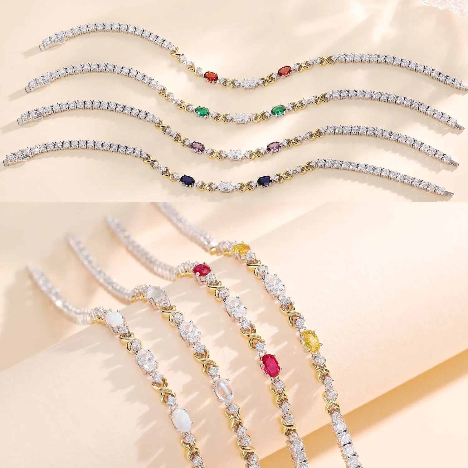 FANCIME "Eternal Duo" September Birthstone Sapphire Sterling Silver Tennis Bracelets