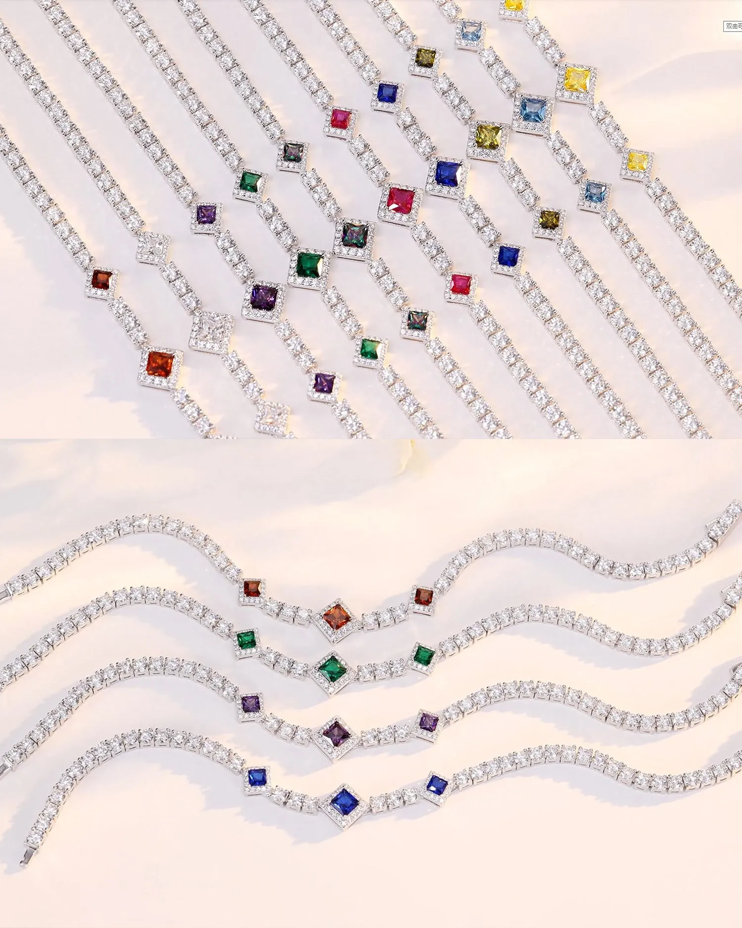 FANCIME "Square Sparkle" July Birthstone Ruby Sterling Silver Tennis Bracelets