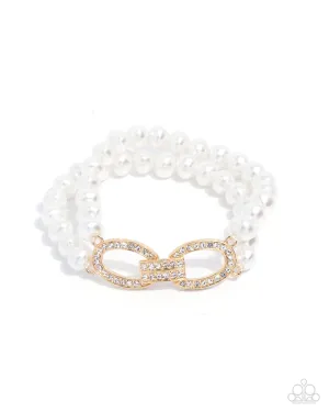 Fancy-Free Fanfare - Gold- White Rhinestone Pearl Paparazzi Stretchy Bracelet