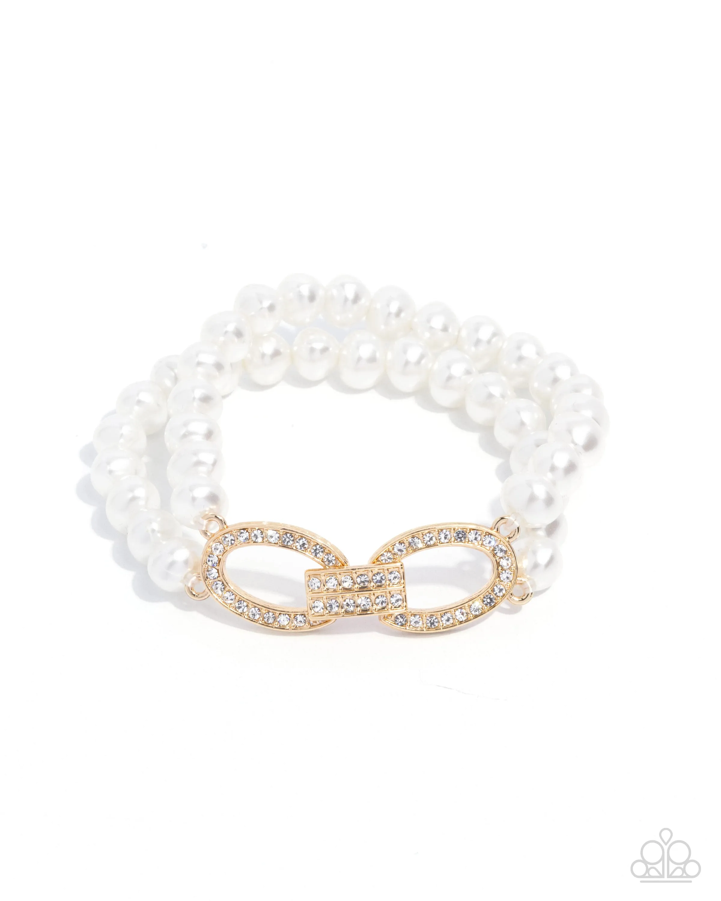 Fancy-Free Fanfare - Gold- White Rhinestone Pearl Paparazzi Stretchy Bracelet